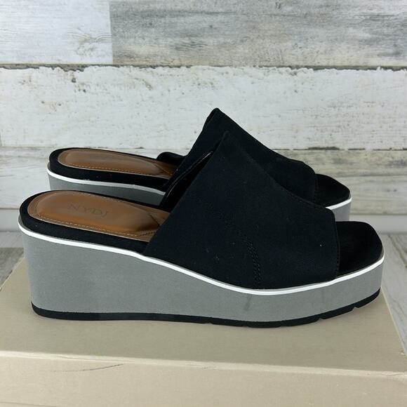 NYDJ Womens 8.5 Rysa Black Canvas Gray Fabric Platform Wedge Sandals Slip-On new - Picture 4 of 10
